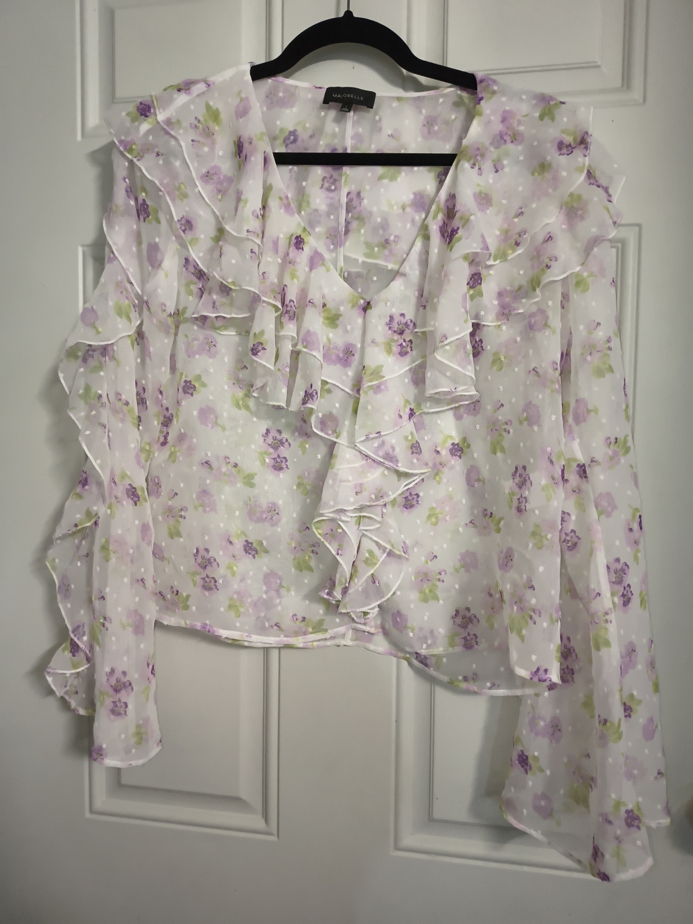 MAJORELLE White Sheer Blouse with Lavender & Green Floral Ruffle